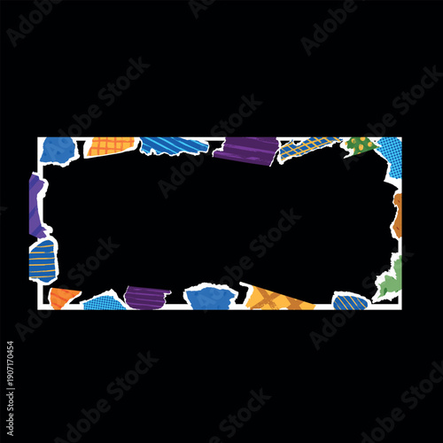 A bright, multicolored, rectangular frame made of torn pieces of paper.