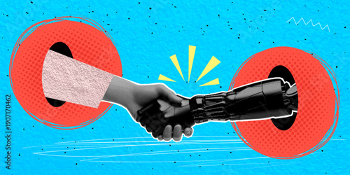 A trendy halftone collage in pop art style. Hands outstretched. A handshake between a human and a robot. Collaboration with artificial intelligence. Closing a deal. A successful agreement.