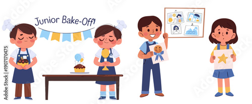 A colorful illustration of children participating in a junior bake-off competition with a banner and awards