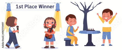A colorful illustration of children celebrating a first place win with various activities