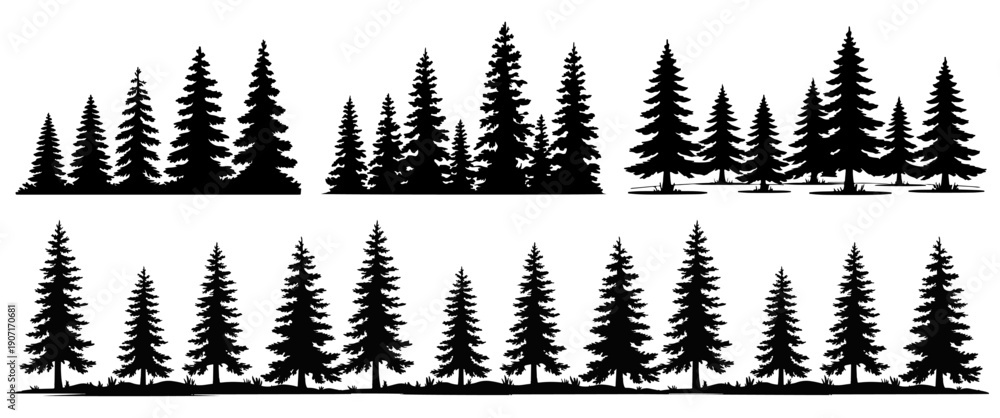Fototapeta premium Pine tree silhouette border set, black forest evergreen collection isolated on white background.