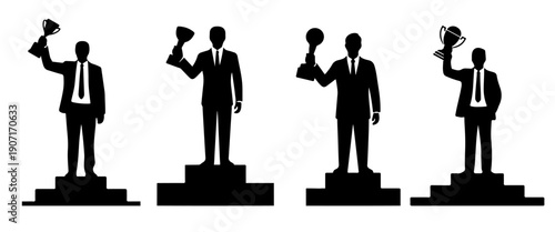 Businessman winner silhouette set, successful male leader standing on podium isolated on white background.