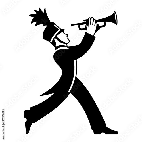 Marching trumpet player silhouette, Jazz musician playing brass musical instrument.