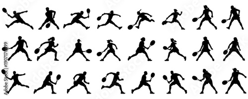 Tennis player silhouette set, Various collection of tennis ball player action poses isolated on white background, sport, silhouette, running, player, tennis, ball, athlete, vector.