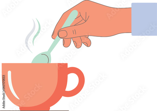 Hand stirring hot beverage in a red cup with a light green spoon, steam rising