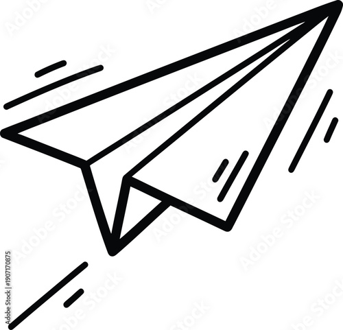 Hand drawn paper airplane flying fast, doodle style sketch of a folded paper glider in motion