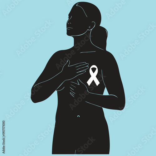 Woman checking her breast to prevent and support the cause of breast cancer. Breast self exam concept vector illustration