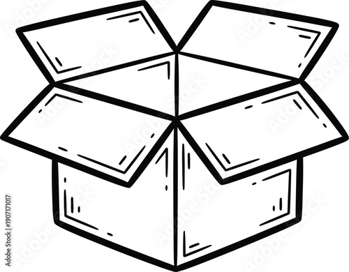 Hand drawn open cardboard box illustration, doodle style empty package outline