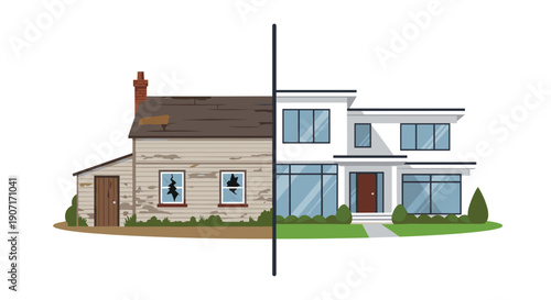 A house is split visually, showing a dilapidated left half and a modern right half, on a white background.
