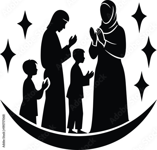Family making dua after prayer silhouette illustration.