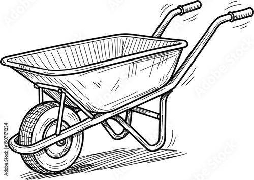 Black and white sketch of a wheelbarrow for construction and gardening work