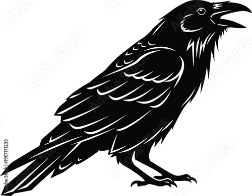 Black silhouette of a raven or crow with an open beak