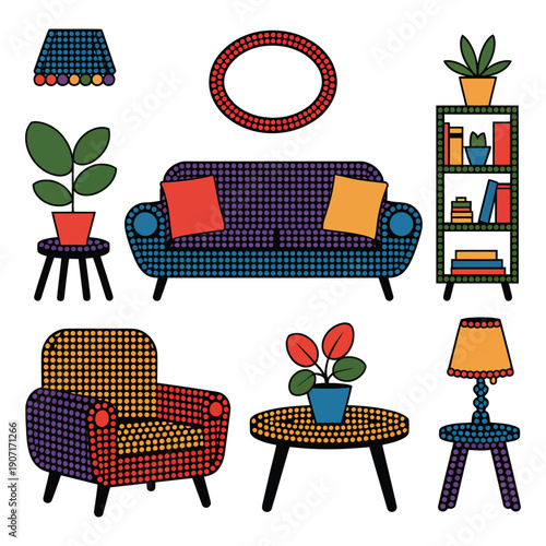 Vibrant abstract living space elements with colorful dotted furniture houseplants and decorative objects on transparent background
