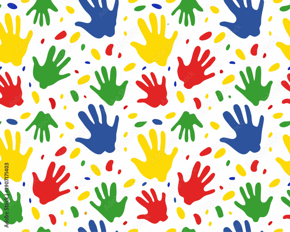 Fototapeta premium A colorful vector graphic illustration of multicolored handprints on a white background