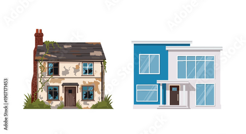 A house is split visually, showing a dilapidated left half and a modern right half, on a white background.