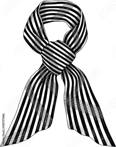 Hand drawn vector illustration of a stylish men's silk scarf featuring a classic diagonal striped pattern and an elegant knot.