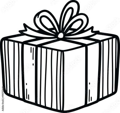 Hand drawn gift box with ribbon and bow icon, simple line art illustration of a present