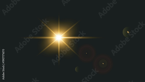 Bright Star Shining with Lens Flares in Dark Space, Celestial Scene, Golden Light