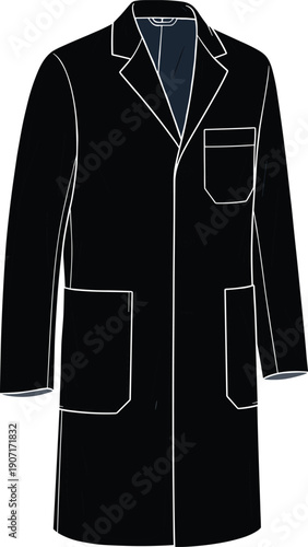 Minimalist black and white vector line art of a classic men's long overcoat with a notched lapel and front pockets.