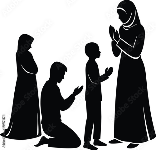 Family making dua after prayer silhouette illustration.