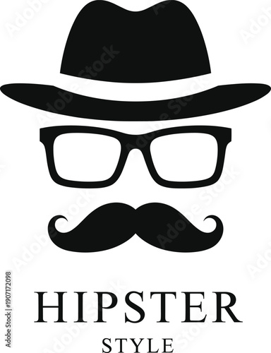 Minimalist hipster style logo featuring a black silhouette of a fedora hat, thick-rimmed glasses, and a curled mustache.