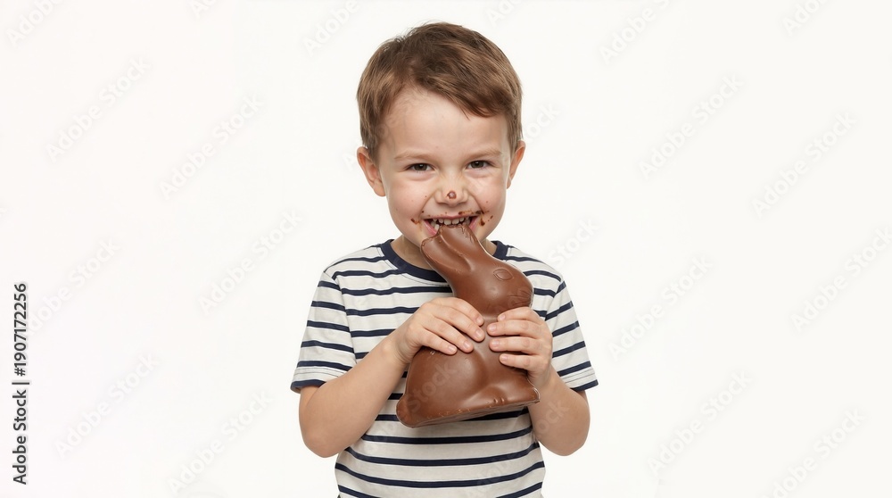 Naklejka premium Happy boy biting chocolate Easter bunny with messy face. Young child holding milk chocolate treat against white background. Messy eating and childhood joy concept. Copy space for text