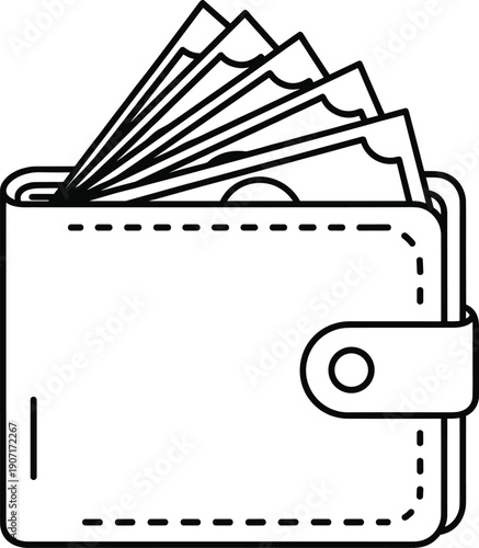 Minimalist vector line art illustration of a closed leather wallet with paper money banknotes sticking out of the top