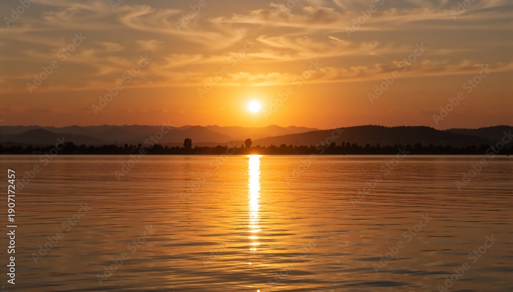 Fototapeta premium Golden sunset over a lake with mountain silhouette. Orange sky reflecting on water surface. Nature landscape background