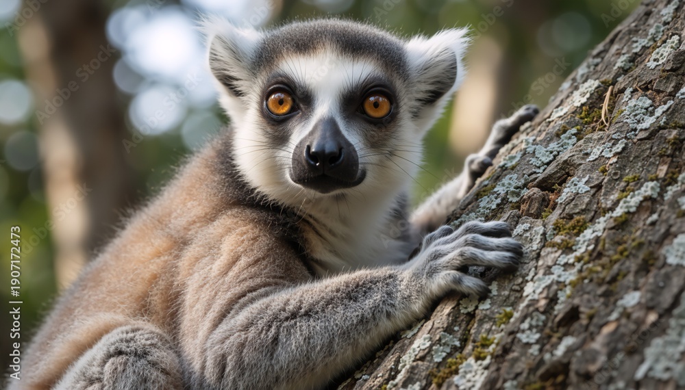 Naklejka premium Close up portrait of ring-tailed lemur on tree. Cute wild animal looking at camera with orange eyes. Madagascar wildlife