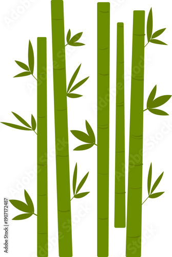 Vector illustration of green bamboo stems with leaves. Minimalist flat style, concept of nature, zen, ecology and Asian style. Isolated on white background