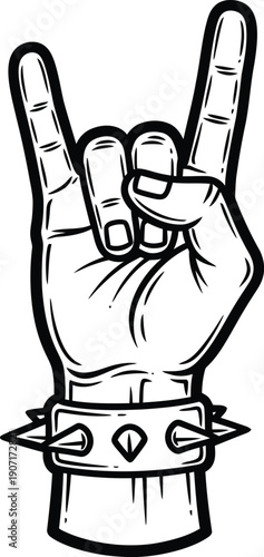 A hand with a spiked cuff making a rock on sign