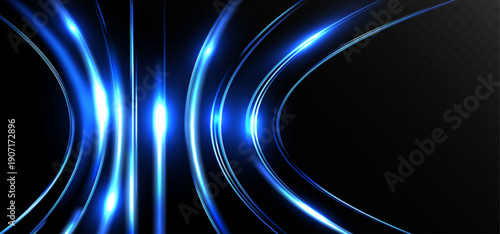 Bright blue glowing arcs and vertical light streaks curve across a dark background, creating a dynamic abstract composition with a futuristic sense of motion, energy, and depth.
