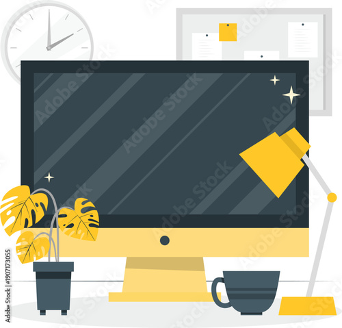 Modern workspace with computer, lamp, and plants on desk viewed from the front