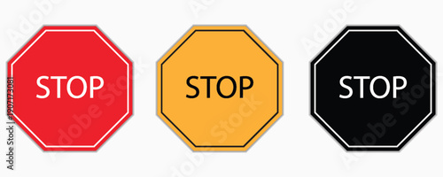Set of octagon stop signs in red, yellow, and black colors isolated on white background flat vector