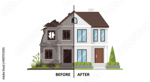 A house is split visually, showing a ruined left half and a modern right half, on a white background.