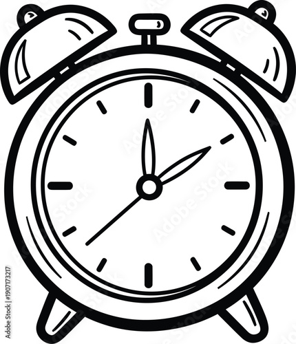 Black and white illustration of an alarm clock