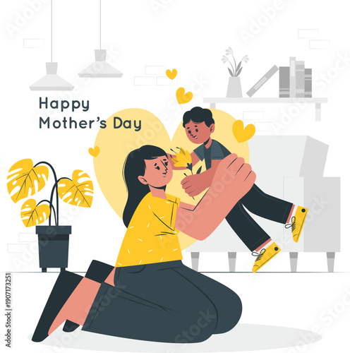 A mother in yellow shirt happily lifting her young child in a cozy home environment on Mother's Day celebration