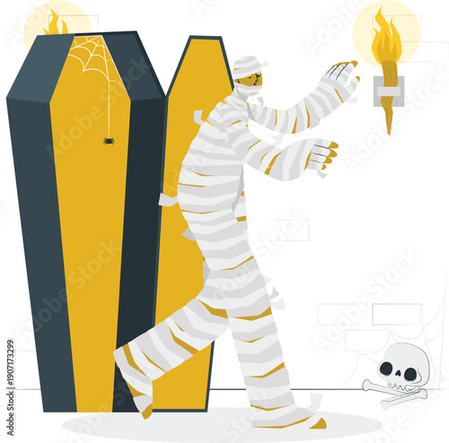A mummy emerging from a coffin holding a torch, standing beside a skull, in a spooky scene viewed from the side.