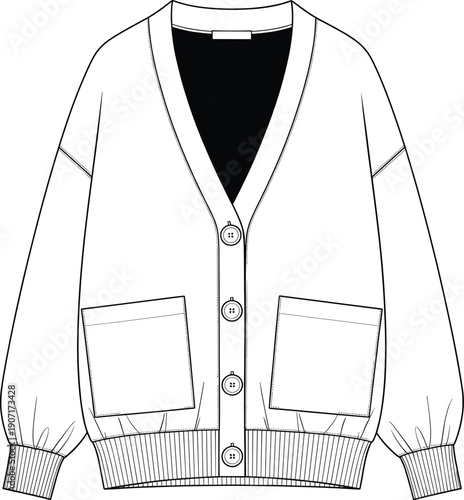 Technical hand drawn vector sketch of a cozy oversized V-neck cardigan featuring large front pockets and ribbed knit cuffs.
