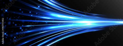 Bright blue light streams and glowing particles rush across a dark background, forming a dynamic abstract scene that conveys speed, energy, and futuristic motion.