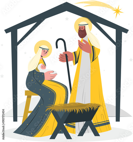 Nativity scene illustration of Mary, Joseph, and Jesus in a manger under a star