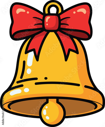 A bright yellow cartoon bell with a large red bow on top for christmas or celebration