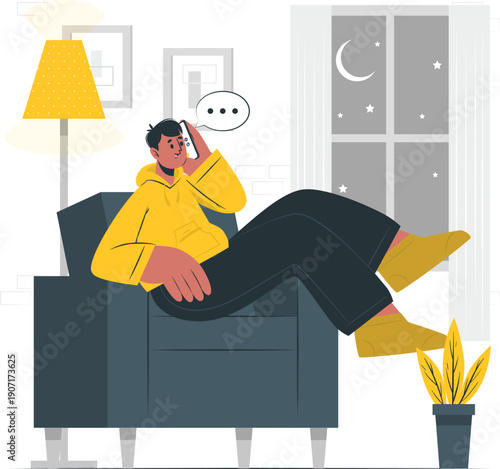 Man relaxing on a sofa at night, viewed from the side in a calm living room scene