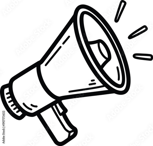 A black and white illustration of a megaphone on a making an announcement loudly
