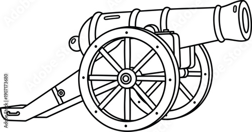 Vintage cannon illustration with wheel and barrel