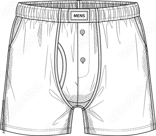 Technical hand drawn vector sketch of men's cotton boxer shorts underwear with elastic waistband and button fly detail.