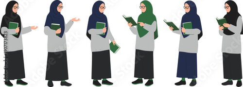 Set of Muslim student girls wearing hijab and glasses holding books and studying together in flat vector style