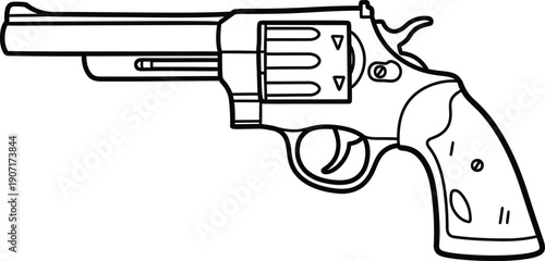 A black and white illustration of a revolver pistol with a detailed design