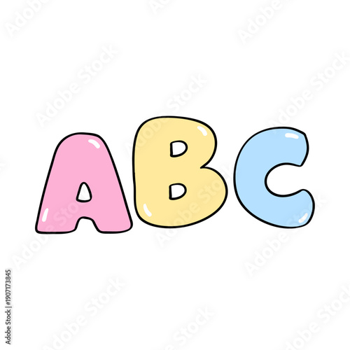 Cute colorful bubble letters displaying the first three letters of the English alphabet for early childhood education
