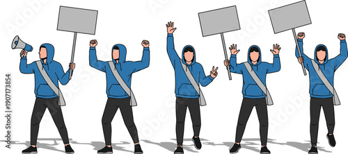 Diverse group of protesters wearing blue hoodies holding blank signs and megaphone for social activism and political demonstration vector illustration set